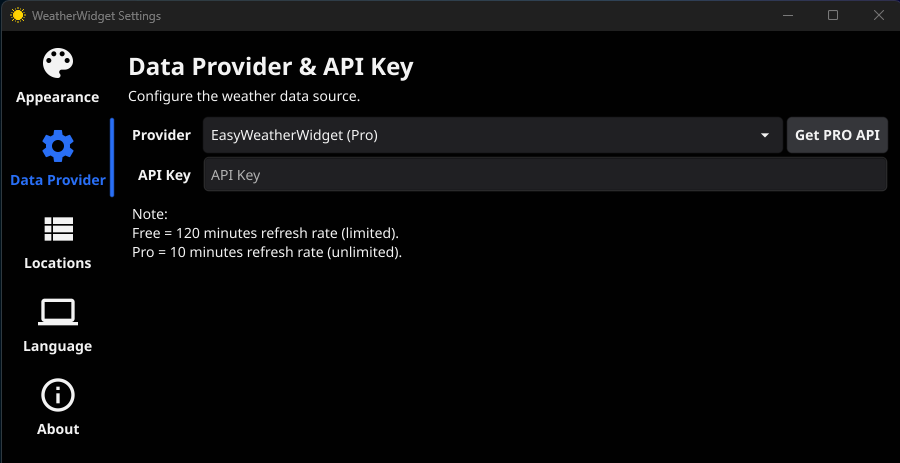 WeatherWidget Settings - Get Pro API