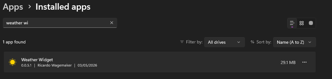 WeatherWidget in Windows Installed Apps
