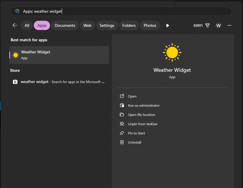 WeatherWidget in Windows Start Menu Search