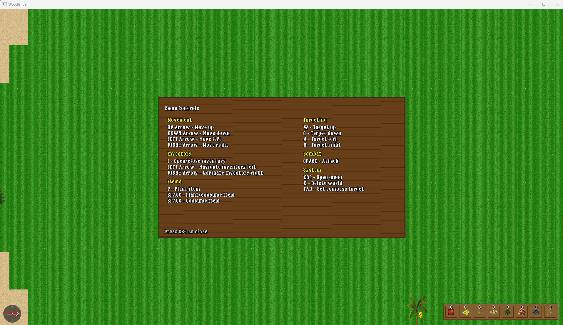 In-game controls menu in Woodlanders